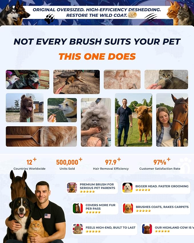 Oversized 2-Sided Dog Brush For Shedding Undercoat Rake for Dogs & Cats & Horses, Remove Mats,Dematting Comb, Grooming Brush for German Shepherds Medium to Long-Haired Pets(African Padauk Handle)