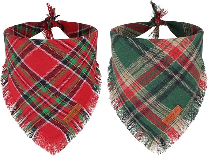 PTDECOR Christmas Dog Bandanas with Tassels Edges, 2 Pack Red Green Plaid Scarf Bib, Reversible Triangle Xmas Bandanas for Extra Large Dogs (X-Large)