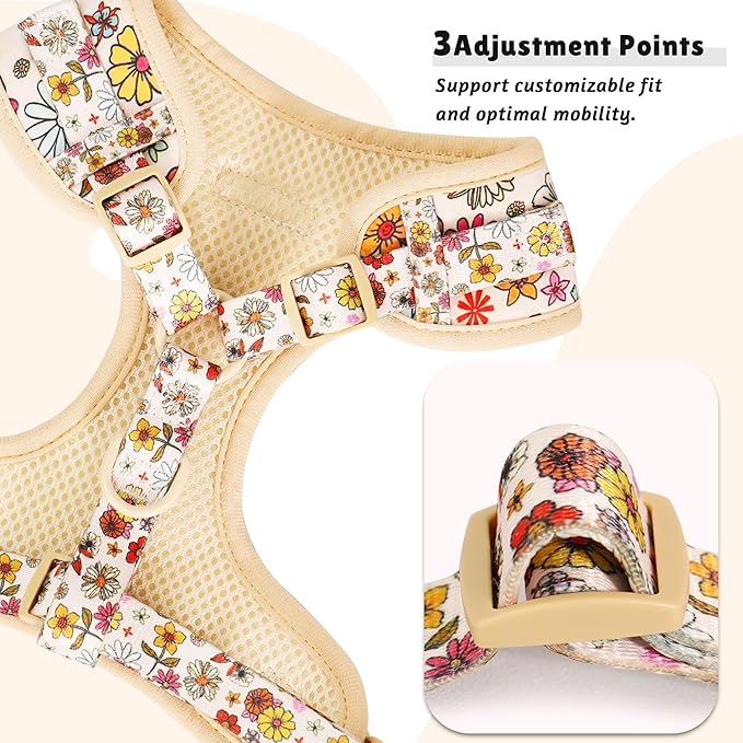 Flower Printed Dog Harness with D-Ring Leash Clip Set,Adjustable Soft Padded and Cotton Fabric Pet Vest for Medium and Small Dogs (Navajo White, Medium)