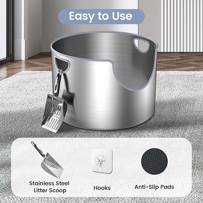 Stainless Steel Litter Box, Metal Litter Box, Integrated Round, XL 12'' High Side, Odor Control, Easy to Clean, Durable, Includes Scoop for Big Cats & Multi-Cat Households