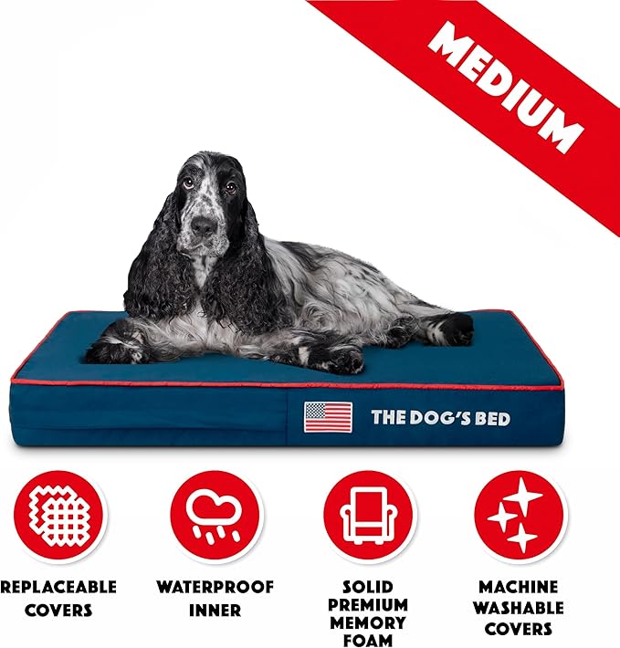 The Dog’s Bed Orthopedic Memory Foam Dog Bed, Medium Blue Oxford with Red Trim USA Flag, Pain Relief for Arthritis, Hip & Elbow Dysplasia, Post Surgery, Supportive, Waterproof, Veterinary Approved