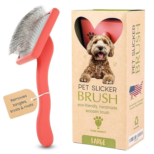 Dog Slicker Brush for Grooming Pet Hair - Best Slicker For Poodle & Golden Doodle - Long Haired Tool For Dogs - Goldendoodle Long Pin Brush For Dematting (Coral, Flat Large)