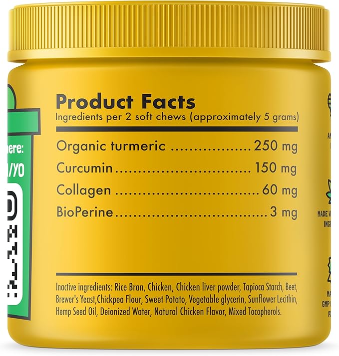 Turmeric Curcumin Hip & Joint Dogs Supplement Anti-Inflammatory Support for Arthritis & Mobility with Collagen & BioPerine Pain Relief Antioxidant Digestive Cardiovascular and Liver Health 120 Chews