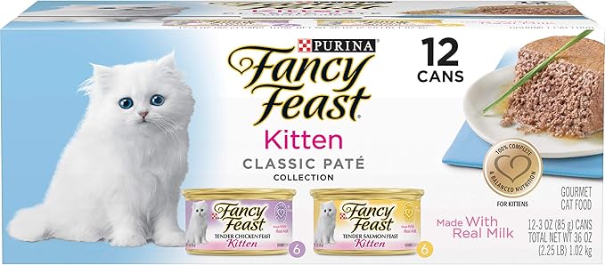 Purina Fancy Feast Grain Free Pate Wet Kitten Food Variety Pack, Kitten Classic Pate Collection Chicken & Salmon - (2 Packs of 12) 3 oz. Cans