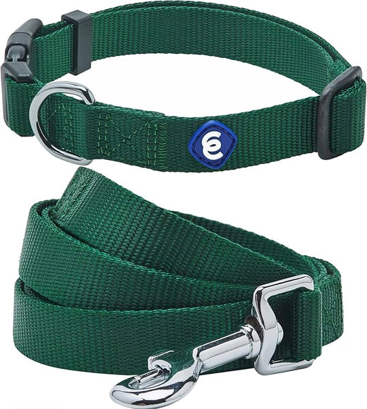 Blueberry Pet Essentials Matching Dog Collar and Leash Set in Verdant Green, Adjustable Classic Solid Color Nylon Collar with 5 ft Leash for Medium Dogs