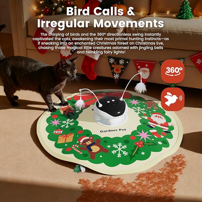Gardner Pet Christmas Cat Laser Toys, Chargeable 5 in1 Hide and Seek Automatic Interactive Cat Toy, Moving Ambush Feather, Track Balls,Indoor Exercise Kicker 24 inch Cover for All Breeds, 600mAh