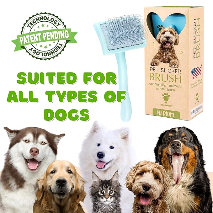 Pet Slicker Brush With Soft Massage Grooming Stainless Steel Pins - For Dematting, Shedding Fur, and Undercoat - Ideal Gift for Professional Pet Groomers - Long Slicker Brush (Blue, Curved Medium)