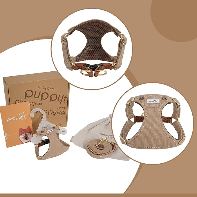 Puppytie No Pull xs Dog Harness with Multifunction Dog Leash,Soft Adjustable No Choke Escape Proof Pet Harness Vest,Denim Mocha Brown,XS