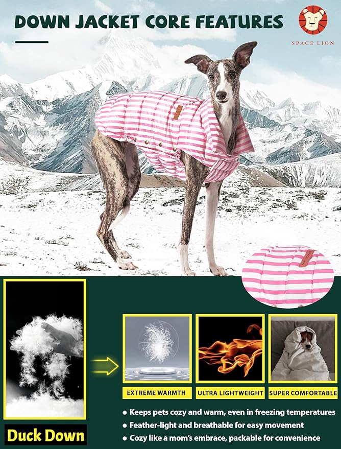 SPACE LION Dog Puffer Jacket, Down Winter Coat, Durable Outdoor Coat for Cold and Windy Conditions, Lightweight & Adjustable Fit Coats for Small Dogs, (Pink, Size10/S)
