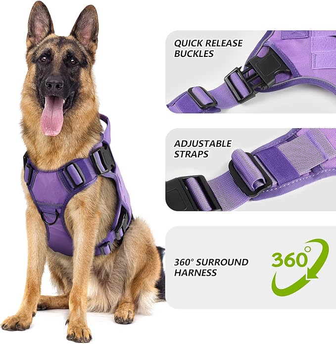 WINGOIN Purple Tactical Dog Harness with Handle Tactical Dog Harness for Large Dogs No Pull Adjustable Pet Harness Reflective K9 Military Service Dog Vest for Walking Hiking Training (L)