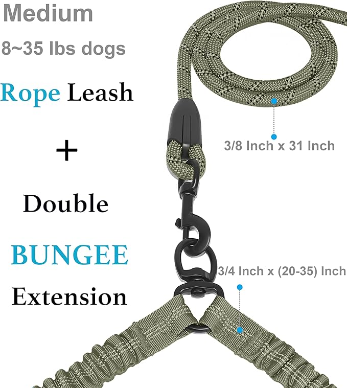 iYoShop Dual Dog Leash - 360° Swivel, No Tangle Walking Leash with Shock Absorbing Bungee for Two Dogs (Medium, 8-35 lbs, Military Green)