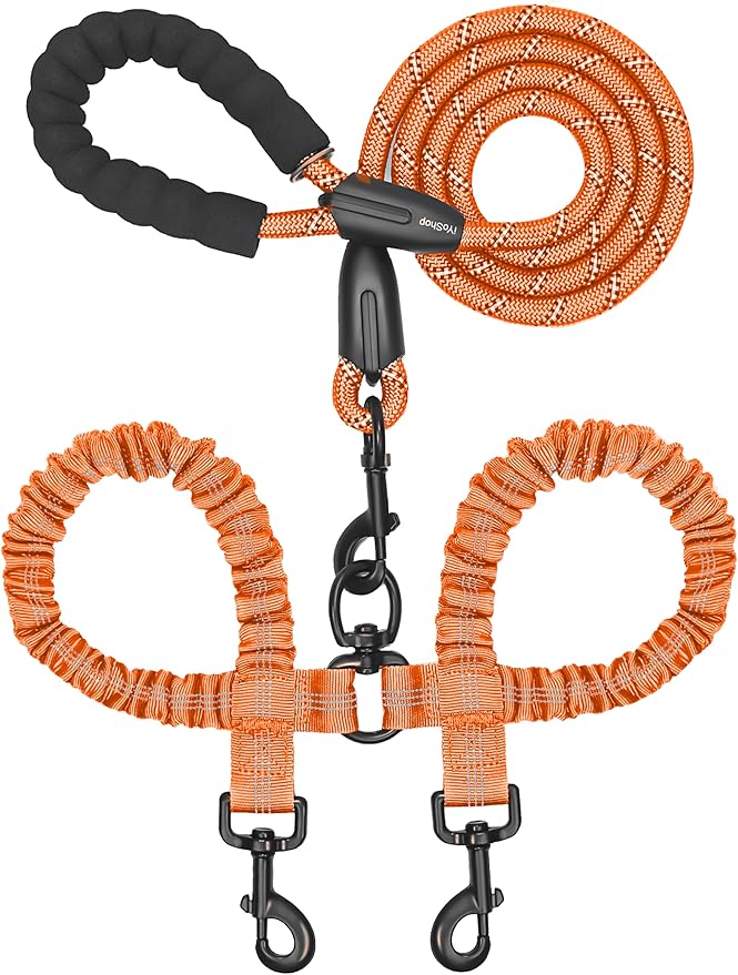 iYoShop Dual Dog Leash - 360° Swivel, No Tangle Walking Leash with Shock Absorbing Bungee for Two Dogs (Large, 25-150 lbs, Orange)