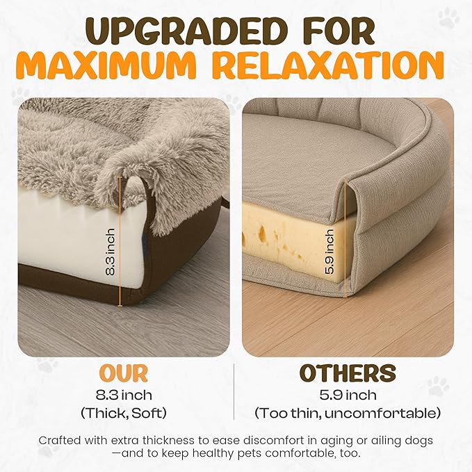 Fluffy Orthopedic Dog Bed for Extra Large Dogs, Calming Plush Sofa Bed with Curved Bolster Support and Egg-Crate Foam Base, 48" Cozy Oval Pet Donut Bed with Washable Cover, Coffee