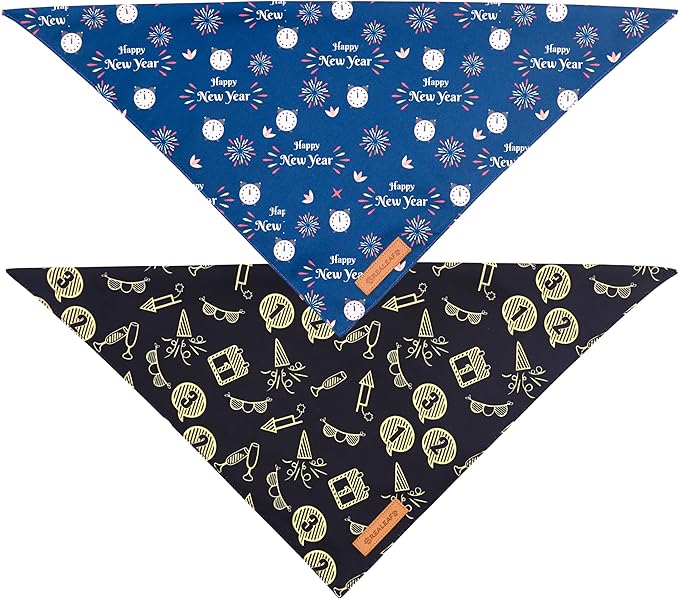 Realeaf Happy New Year Dog Bandanas 2 Pack, Reversible Holiday Pet Scarf for Boy and Girl, Premium Durable Fabric, Bandana for Small Medium Large and XLarge Dogs (X-Large)