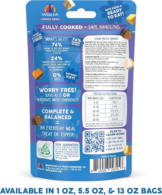 Weruva Dog Freeze Dried, Steak Frites Dinner with Sirloin Tip, Egg, Pumpkin & Sweet Potato, 1oz Bag (Pack of 3)