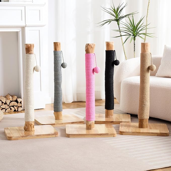 29" Tall Cat Scratching Post for Indoor Cats Adults, Extra-Stable & Natural Solid Wood Scratching Post Sisal Scratcher with Hanging Funny Ball, Pink
