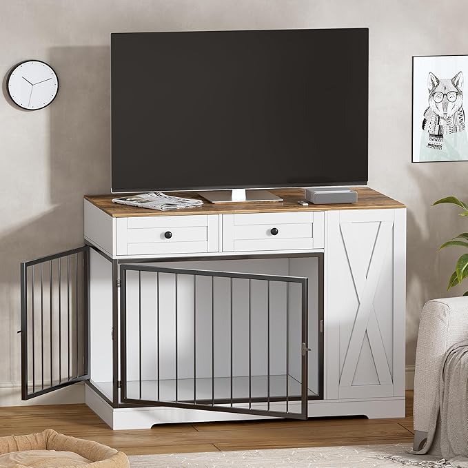 PAKASEPT Dog Crate Furniture, Dog Crate for Small to Large Dogs with Storage Cabinet and Feeder, Dog Kennel Furniture with Double Doors for Small/Medium/Large Dog