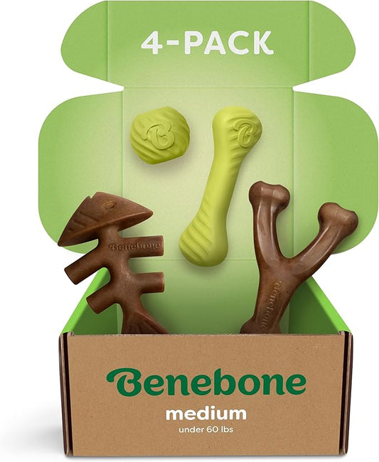 Benebone 4-Pack Ball/Bone/Bacon Wishbone/Fishbone Medium