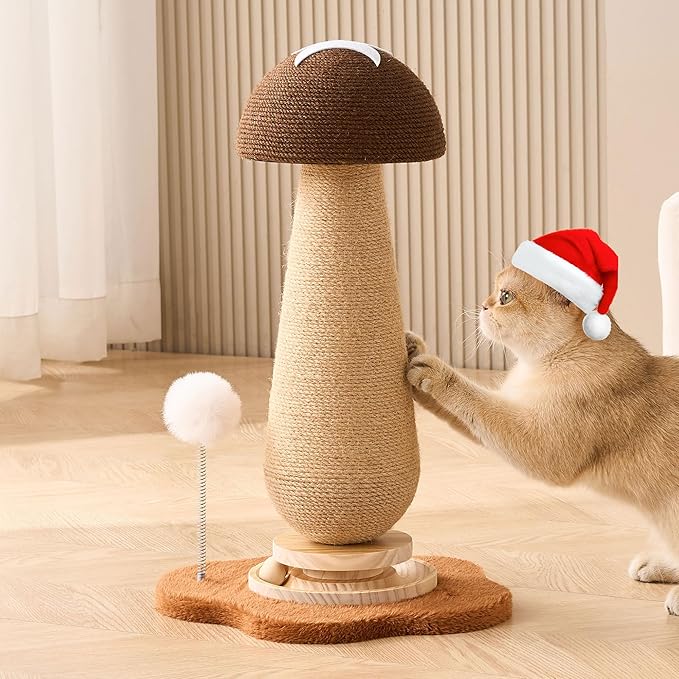 Mushroom Cat Scratching Post Cat Tree, 21.5‘’ H Cute Cat Scratcher Tower with Durable Solid Wood Turntable Toy, Acorn Brown Mushroom Scratch Post Cat Sisal Scratcher with Catnip for Indoor Cats
