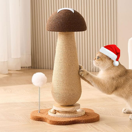 Mushroom Cat Scratching Post Cat Tree, 21.5‘’ H Cute Cat Scratcher Tower with Durable Solid Wood Turntable Toy, Acorn Brown Mushroom Scratch Post Cat Sisal Scratcher with Catnip for Indoor Cats