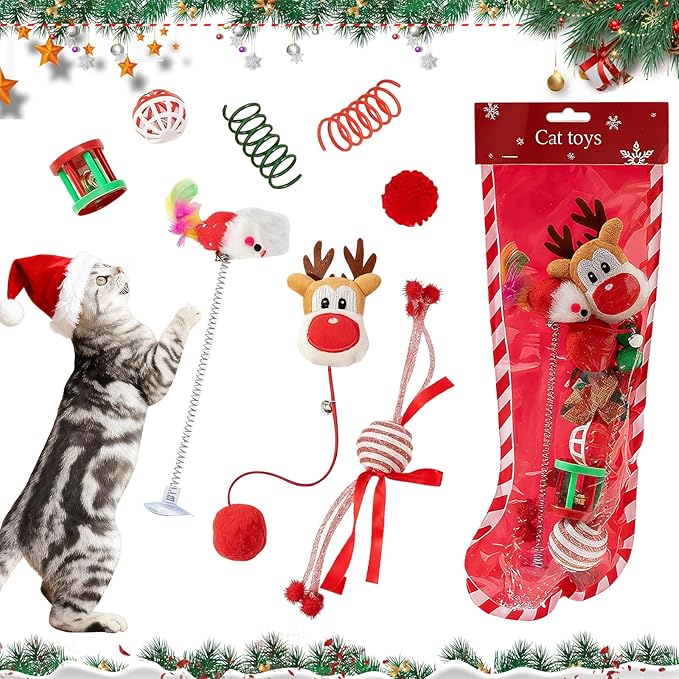 Walfront 8PCS Christmas Cat Toys, Cat Christmas Stocking Toy Set for Indoor Cats & Kittens, Includes Santa, Reindeer, Balls and Spring Toy, Interactive Cat Chew Toy, Holiday Fun and Active Play