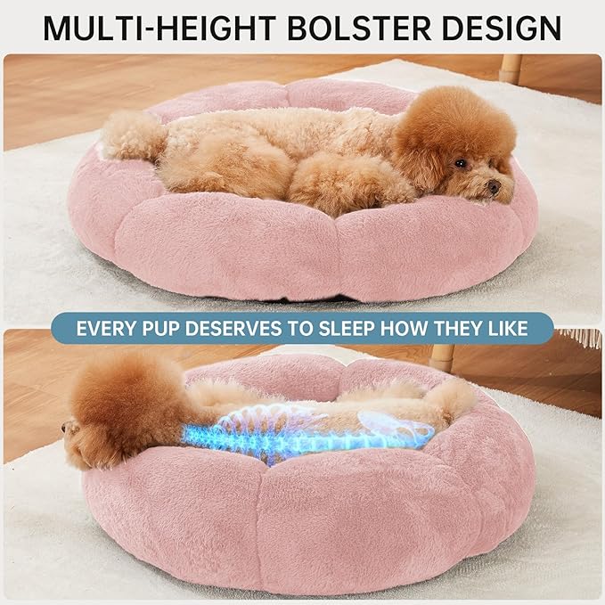 OhGeni 24 inches Calming Donut Dog & Cat Bed for Small Pets, Warming Comfort Fluffy Short Pile Fur, Durable Machine Washable Round Bed, Cute Round Bed for Puppy and Kitten, Pink