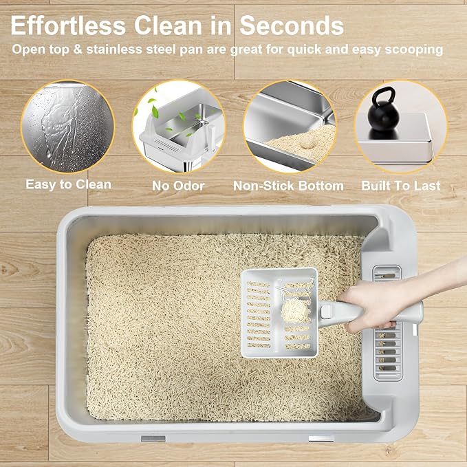 TENTIZON Stainless Steel Cat Litter Box with Lid, Open Top Large Metal Kitty Litter Pan with High Side, Litter Mat, Scoop for Indoor Cats, Kitten, Multi-Cats Home, Odor Control, Leak Proof, Easy Clean