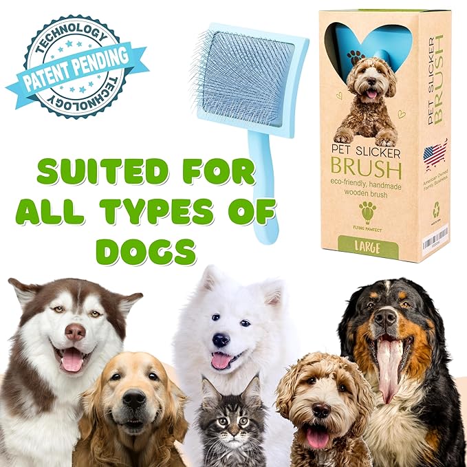 Pet Slicker Brush With Soft Massage Grooming Stainless Steel Pins - For Dematting, Shedding Fur, and Undercoat - Ideal Gift for Professional Pet Groomers - Long Slicker Brush (Blue, Curved Large)