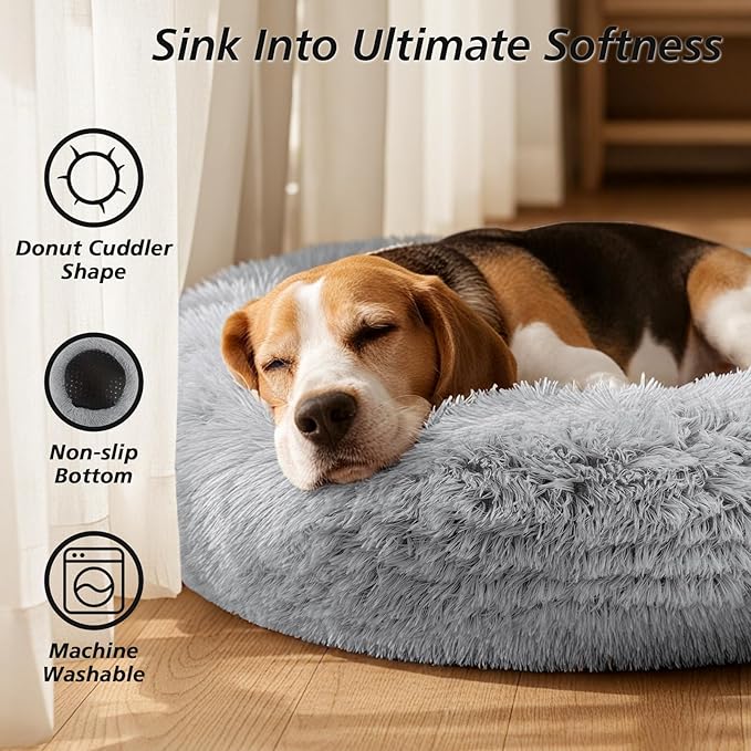 JOLLYVOGUE Calming Small Dog & Cat Bed for Indoor Cats - 20 inches Washable Donut Bed for Kittens & Puppies, Anti-Anxiety Round Fluffy Plush Pet Beds (Fits up to 15 lbs, Grey)