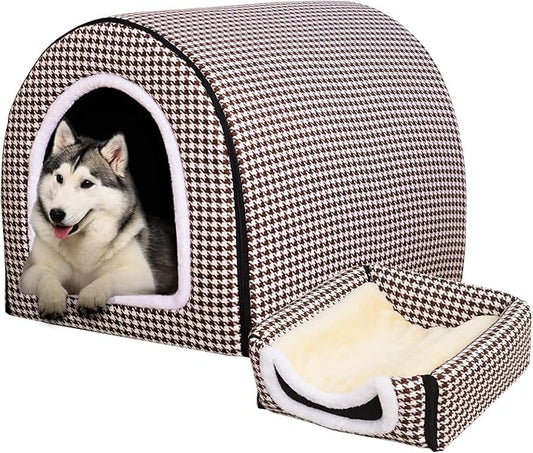 Dog Bed,2 Ways to Use,Indoor Pet House with Fluffy Mat,Removable and Washable Cover,Non-Slip Bottom,for Large Dogs(2XL Brown Cranes)