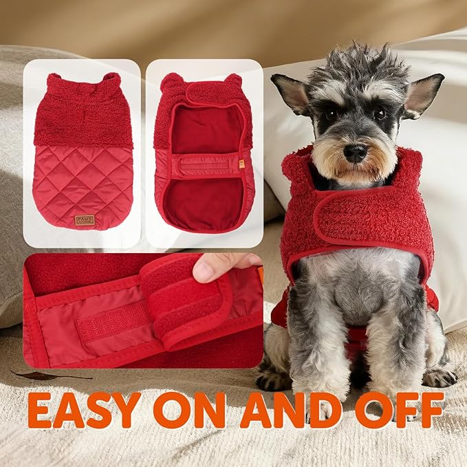 FOFOS Dog Winter Coat, Plush Dog Jacket with Leash Hole, Adjustable Warm Pet Snow Vest for Small Medium Dogs, Red, L