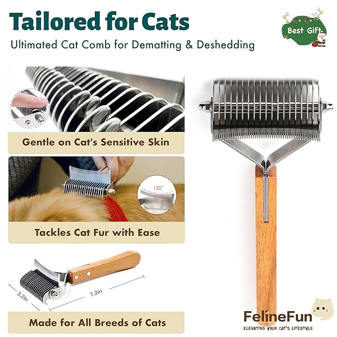 FelineFun Cat Brush for Dematting & Deshedding, 2 in 1 Undercoat Rake, Efficiently Remove Loose Hair & Matted Fur, Professional Shedding Comb for Indoor Cats & Long Haired Cats