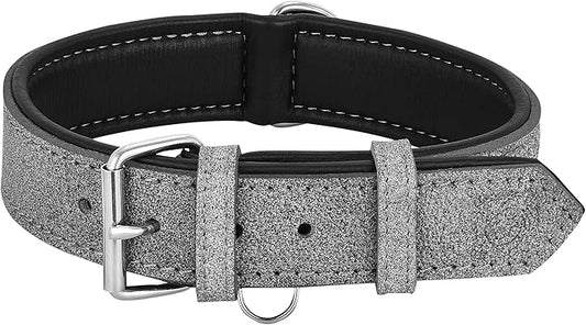 Riparo Genuine Leather Padded Dog Heavy Duty K-9 Adjustable Collar (XL: 1.75” Wide for 21”-25” Neck, Gray/White Thread)