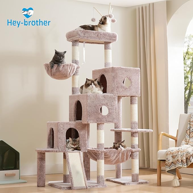 Hey-brother Cat Tree Tower, Scratching Posts with 3 Condos, Large Basket, Cozy Bed, Sisal Board, Step-by-Step Climbing Pathway and Toys, 74.8 inches Furniture for Big Indoor Cats, Muchroom MPJ081MU