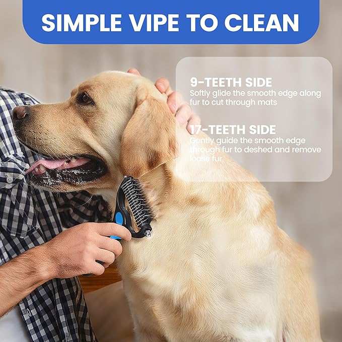 Double-Sided Pet Grooming Rake - 4-in-1 Professional Pet Grooming Kit, Deshedding Dematting Tool for Dogs, Cats, Extra-Wide Grooming Brush & Deshedder Comb for Long and Short Haired Pets (4PCS Blue)