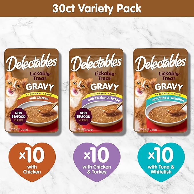 New! Delectables Lickable Treat Gravy Variety Wet Cat Treat & Food Topper, Food Topper, Hydrating, Grain-Free, No Fillers, No by-Products, No Added Preservatives, 1.4oz Pouch, 30 Pack