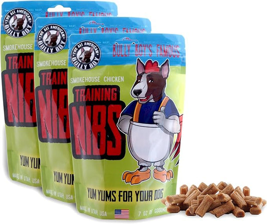 Bully Boy's Famous Chicken Training Nibs Dog Treats | Free from Wheat, Corn, Soy, or Gluten | USA Sourced Ingredients | with Smokehouse Chicken | Made in Utah | 7 oz - 3 Pack