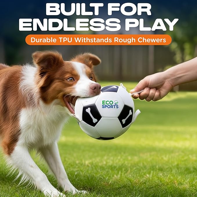 Eco Sports Dog Soccer Ball with Straps – Interactive Durable Dog Soccer Ball with Cotton Grab Tabs for Fetch Training and Outdoor Play, Pet Birthday Gift