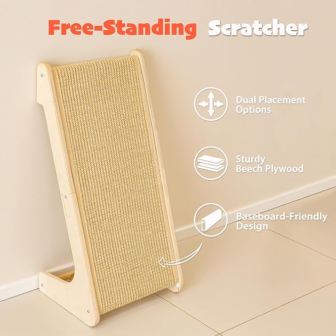 PETKARAY L Shape Cat Scratcher, Sisal Kitty Scratching Ramp, Vertical Scratch Pad for Indoor Cats, 25.2" Furniture Protector with Catnip, Classic