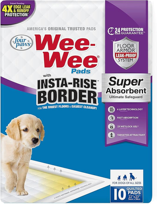 Four Paws Wee-Wee Super Absorbent Unscented Pee Pads for Dogs & Puppies with Insta-Rise Border, Leak-Proof Dog Housebreaking Potty Training Floor Protection, 22" x 23", 10 Count