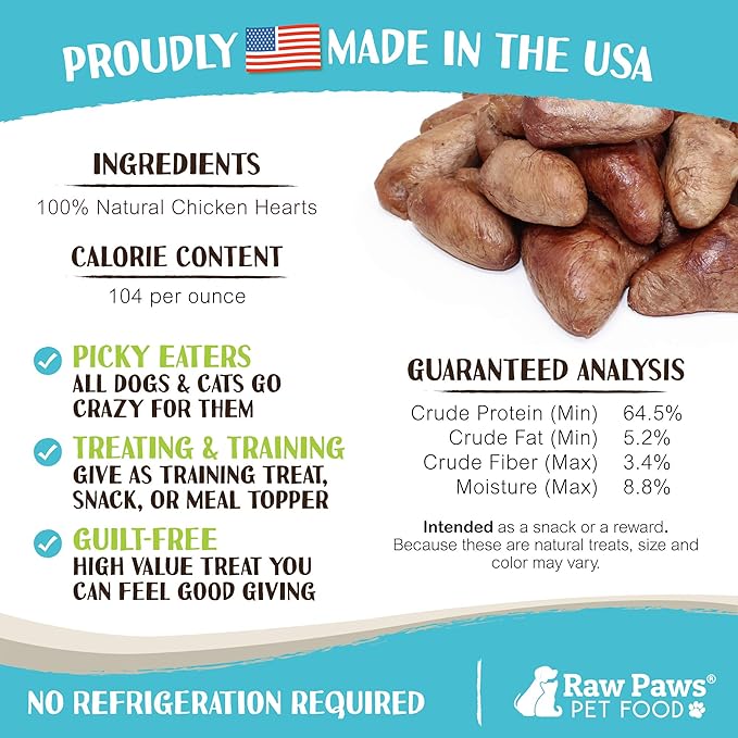 Raw Paws Whole Freeze Dried Chicken Hearts for Dogs & Cats, 4-oz Whole - Made in USA - Freeze Dried Chicken Dog Treats Single Ingredient Treats for Cats