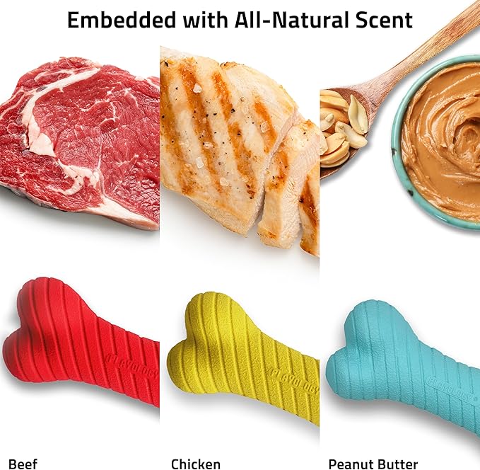 Playology Dog Toys | Rainbow of Scent Chew Toy Gift Box - Dual Layer Bones for Dogs | Peanut Butter, Chicken, & Beef Scented Toys - Easy to Clean and Made from Non Toxic Materials
