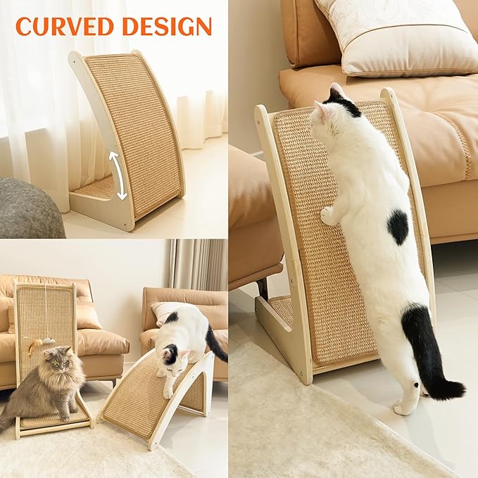 PETKARAY Cat Scratcher, Sisal Cat Scratch Pad, Curved Scratching Board for Indoor Kitty, Floor Mounted Scratcher with Mouse Toy Catnip