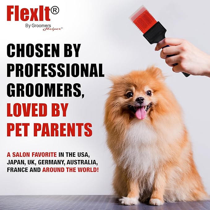 FlexIt Flexible Slicker Brush for Dogs - Professional 3-in-1 System & Video Trainings - Dual-Sided Dematting, Undercoating & Finishing Dog Grooming Brush by Groomers Helper (Single, Firm Flex)