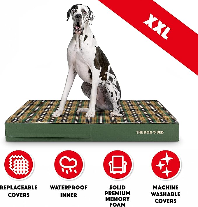 The Dog’s Bed Orthopedic Memory Foam Dog Bed, XXL Green Tartan, Pain Relief for Arthritis, Hip & Elbow Dysplasia, Post Surgery, Lameness, Supportive, Waterproof Washable Cover, Veterinary Approved