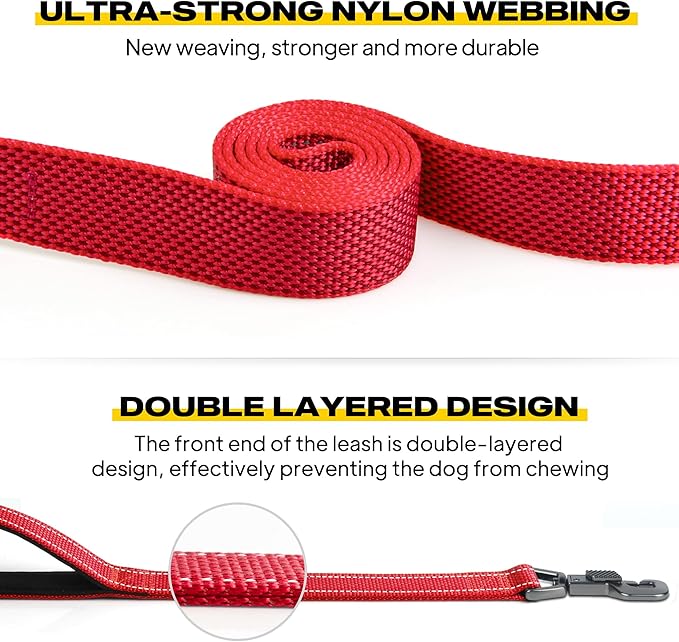 Fida 4 FT Heavy Duty Dog Leash with 2 Comfortable Padded Handles, Traffic Handle & Advanced Easy Snap Hook, Reflective Walking Lead for Large, Medium & Small Breed Dogs, Red