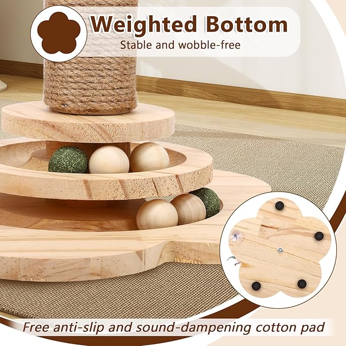 Cat Scratching Post, Cat Tower Scratch Post, Cat Tower with Scratching Post, Wooden Cats Tree with Solid Wood Waterproofing Base Cat Toy and Interactive Ball for Adult Cats & Kittens (Small)