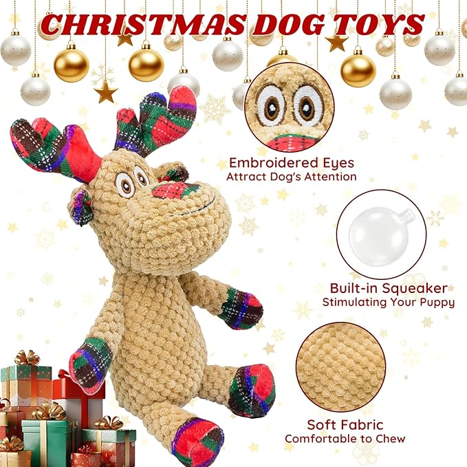 Squeaky Christmas Reindeer Dog Toys, Interactive Plush Dog Toys for Small and Medium Dogs, Suitable for Trainning and Reducing Boredom and Anxiety. (Reindeer)