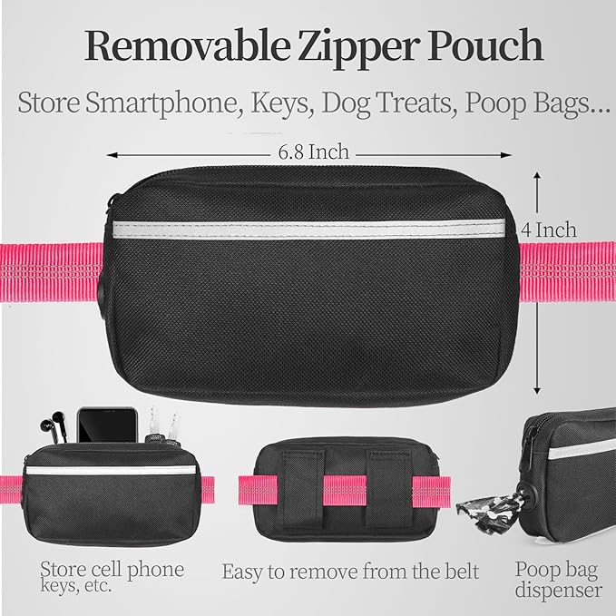 iYoShop Hands Free Dog Leash with Zipper Pouch, Dual Padded Handles and Durable Bungee for Walking, Jogging and Running Your Dog (Large, 25-120 lbs, Pink)