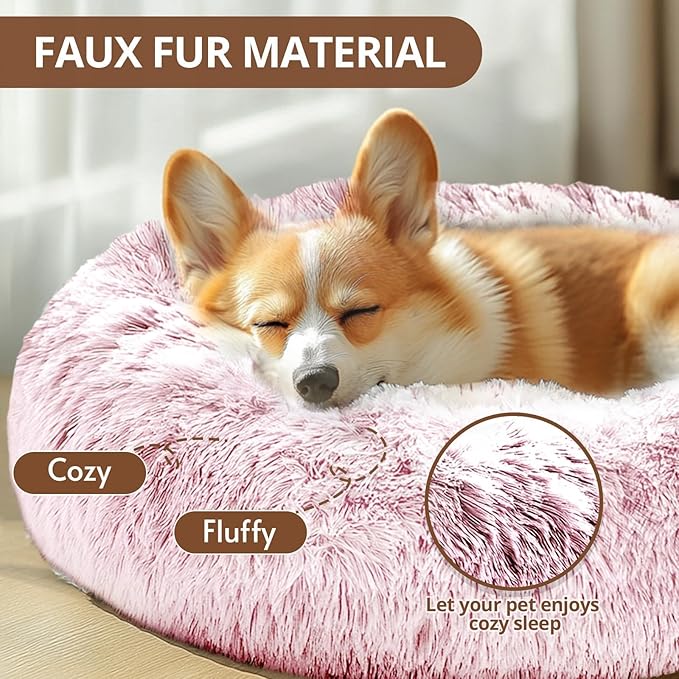 JOLLYVOGUE Calming Dog Bed Medium Size Dog, Anti-Anxiety Donut Medium Pet Bed, 31 inches Fluffy Faux Fur Round Cat Bed, Fits up to 45 lbs Pets (Smoke Pink)